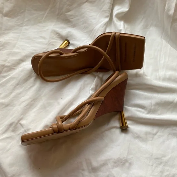 Gia Borghini Tan Strappy Square-Toe Heels with Gold Flared Heel - Picture 3 of 10